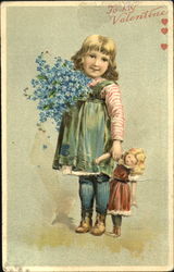 Little girl holding a doll in one hand and flowers in the other Postcard