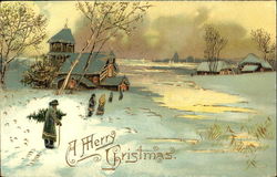 Snowy Village Christmas Scene Postcard
