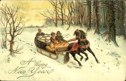 Three people in a horse drawn sleigh Postcard