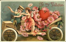 Two Cupid with Car of Flowers and a Heart Postcard