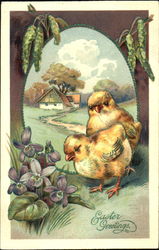 Two Chicks With Flowers Postcard