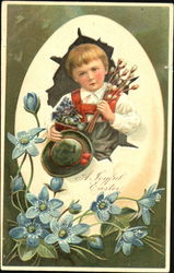 Child with an egg and spring flowers Postcard