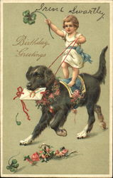 Girl Riding Dog with Letter Postcard