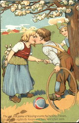 boy kissing a girl on a grassy hillside Postcard