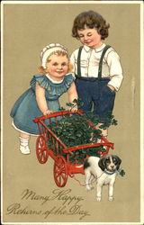 Two Kids with Dog Pulling Cart of Shamrocks Postcard