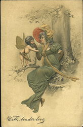 Forest Scene of Cupid and a Victorian Beauty Postcard