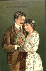 A couple posing for a picture with flowers in hand Postcard