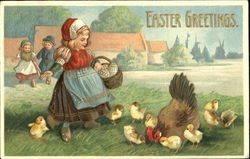 Rooster, Girl and Chicks Postcard