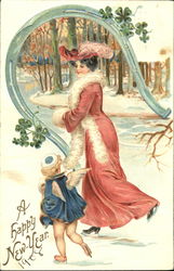 Lady & Cupid Ice Skating Postcard