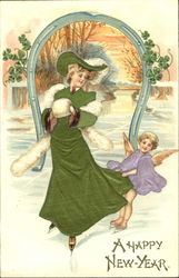 Woman Ice Skating with Cupid Postcard