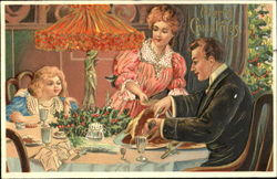 A man, woman, and girl having a holiday dinner Postcard