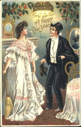 Man and woman in New Years party clothes Drinking Postcard Postcard