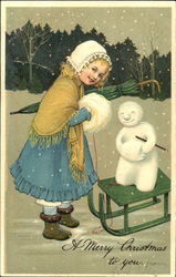 Small Girl in Snow with Sled Snowmen Postcard Postcard