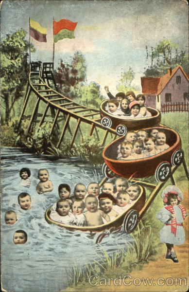 Babies riding roller coaster into a pond Multiple Babies