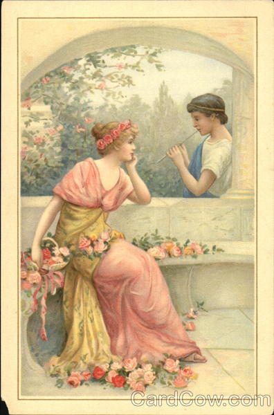 Woman with Flowers and Man Playing Flute Women