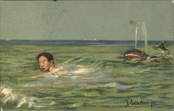 Man in ocean with shark behind him Fish Postcard Postcard