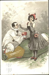 Clown and Woman near Oversized Wine Bottle Postcard