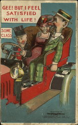 Three people in an old red car Comic, Funny Postcard Postcard
