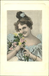 Young Woman Holding Flowers Postcard