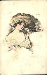 Woman with Fan and Two Roses Postcard