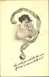 Woman on Phone with Ribbon Postcard