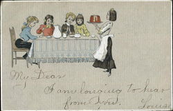 Woman serving cake at dinner table Postcard