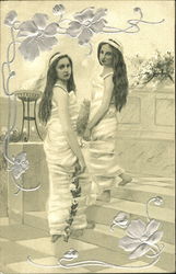Two Girls Standing on Stairs Postcard