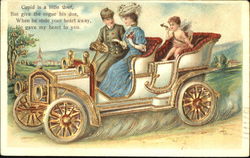 Young Man, Young Woman and Cupid in Car Postcard