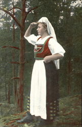 German Woman Searching in Forest Postcard