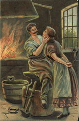 Blacksmith and a woman Romance & Love Postcard Postcard