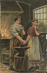 Man and Woman Holding Hands in Blacksmith Shop Postcard