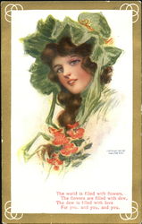 Woman in Green Bonnet with Bouquet Postcard