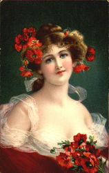 Young girl holding a bouquet of red flowers Postcard