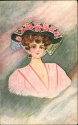 Woman Wearing Pink Flowered Bonnet Postcard
