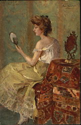Woman looking in a mirror Postcard