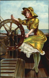 Woman at the Wheel of a Ship Postcard