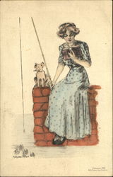 Girl Reading a Book While Fishing Postcard