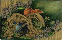 Horseshoes Shamrocks Violets A Merry and a Happy New Year Postcard