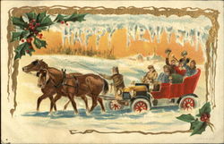 New Year Scene Horses Pulling Car in Snow Postcard