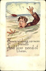 Man falls overboard with his boat drifting away Postcard