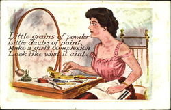 A woman putting on powder in front of a mirror Postcard