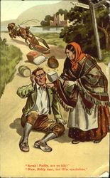 Woman comforting man who's had a wagon accident Postcard