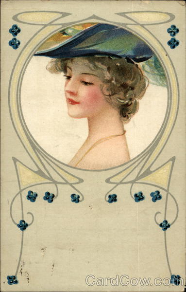 Profile of a woman wearing a blue-feathered hat  Women