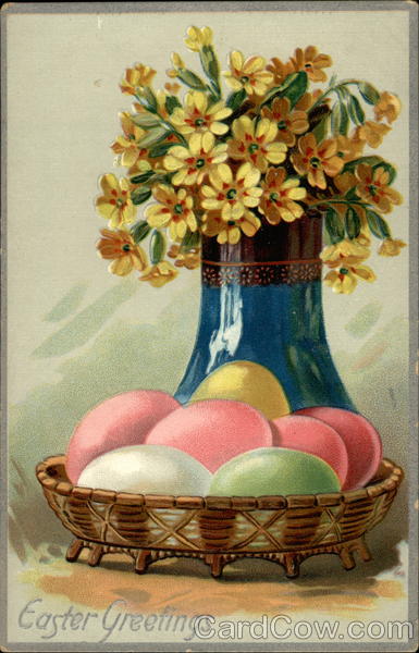 Easter eggs and vase of flowers