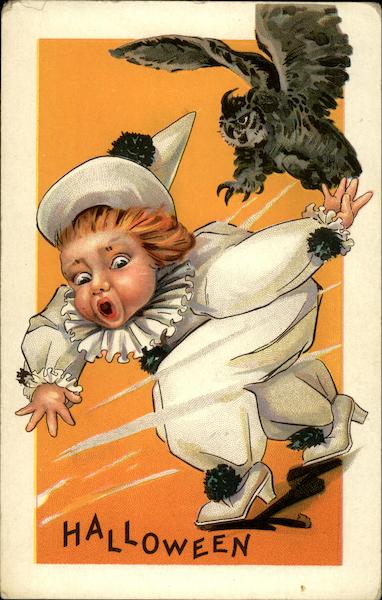 Halloween - Owl Chasing Boy Dressed as Pierrot