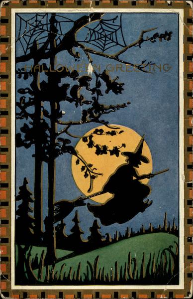 Halloween Greetings, Silhouette of witch on broom in front of moon