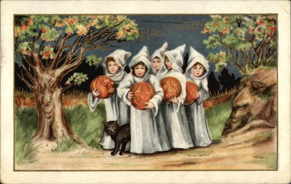 Children in White Robes Carrying Jack-o-Lanterns Halloween