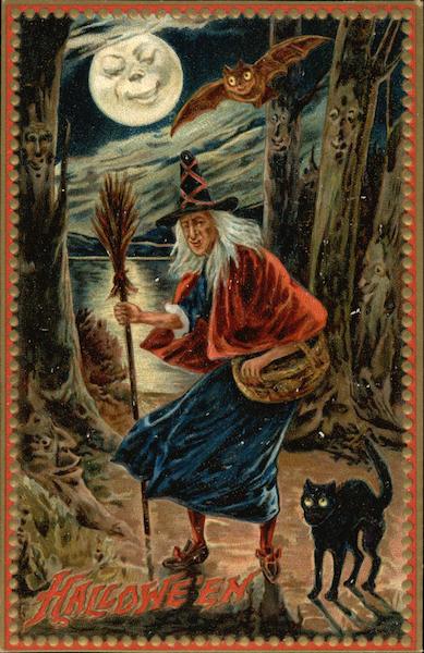 Halloween - Outdoor Scene with Witch, Black Cat and Bat