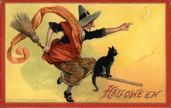 Halloween - Witch on Broom with Black Cat Frances Brundage