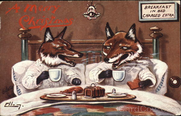 breakfast in bed with foxes comic funny raphael christmas stamp